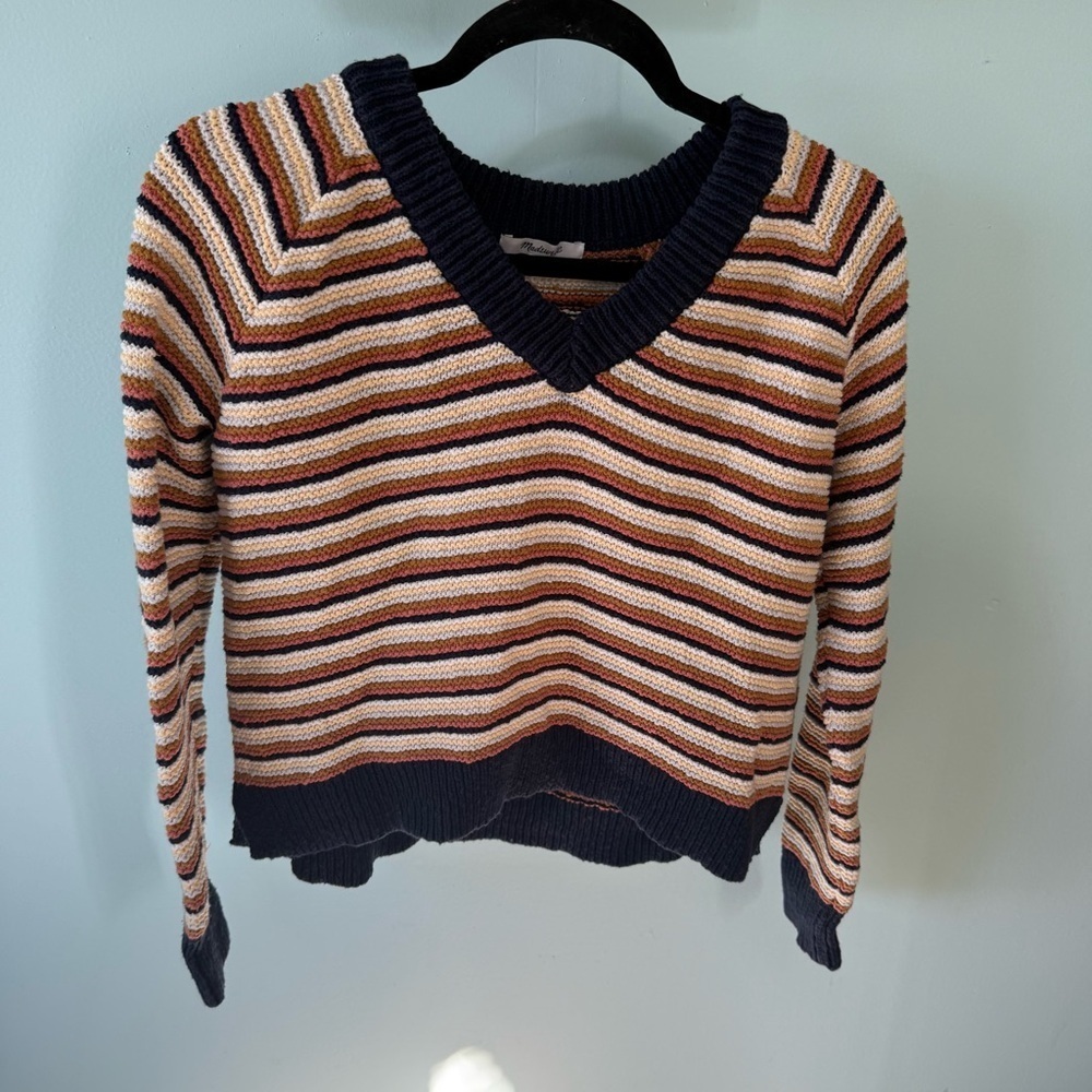 Madewell Arden Striped V-Neck Chunky Knit Sweater Yellow Navy Size Small